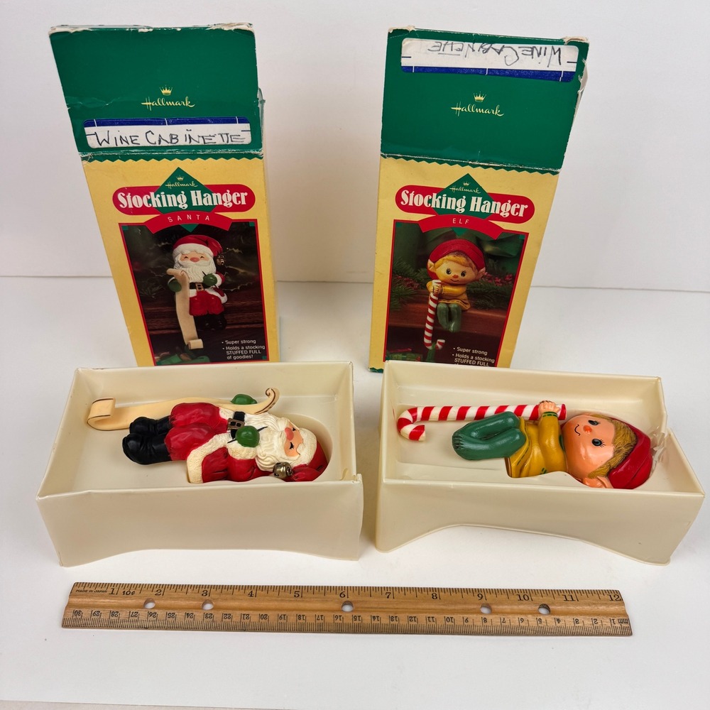 Vtg 1984 Hallmark Santa Elf Stocking Holder Shelf Sitter Decor w Orig Boxes READ